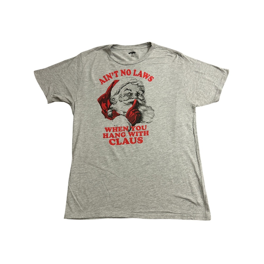 Holiday Time Graphic Tee Mens Large Gray Excellent Santa Aint No Laws Shirt